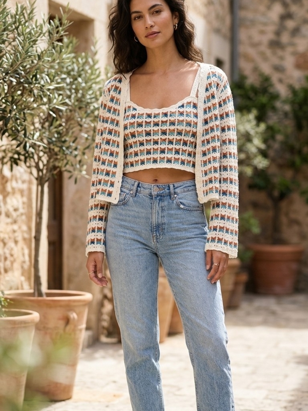 POL Cropped Knit Tank & Cardigan Set - Cream, Blue, Rust